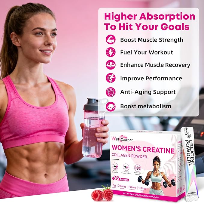 Women‘s Creatine Powder Travel Packets: Creatine Monohydrate Collagen Packs for Pre Workout Muscle Growth &amp Recovery Skin Elasticity Energy Metabolism with Inositol Beet Root Raspberry Flavor 30 P