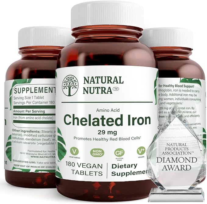 Natural Nutra Chelated Iron Supplement for Men &amp Women Nails Health Promotes Optimal Absorption Helps Enhance Iron Level Maintain Body Fulid Help to Improves Hair Growth Skin Health 180 Tab