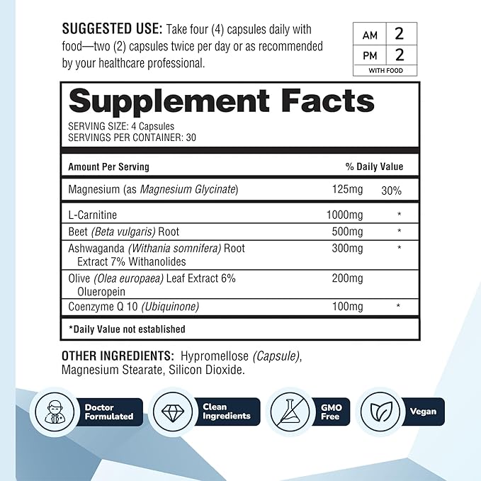 HealthyHeart Support+ 6-in-1 Heart Health Supplements with Ashwagandha CoQ10 Beet Root Olive Leaf Magnesium &amp L-Carnitine Made in USA Doctor-Formulated –120 Capsules 1 Month Supply