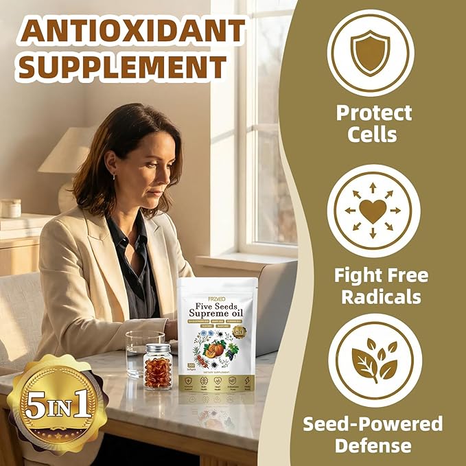Five Seeds Supreme Oil 300 Softgels | 5 in 1 Pumpkin Seed Oil Pure Sea Buckthorn Grape Flax Black Seeds | Cold Pressed Supports Hair Urinary Bladder &amp Prostate Health