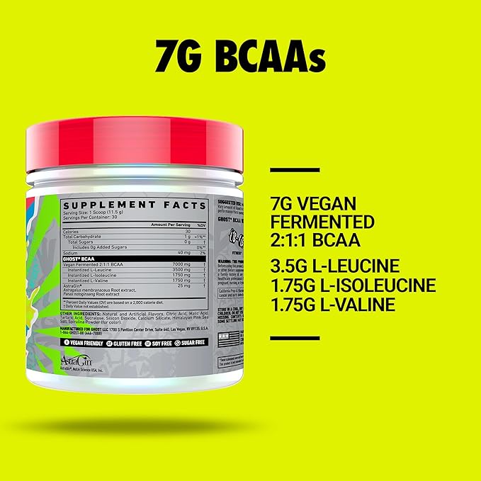 GHOST BCAA Powder Amino Acids Supplement Blue Raspberry - 30 Servings - Sugar-Free Intra Post &amp Pre Workout Amino Powder &amp Recovery Drink 7G BCAA