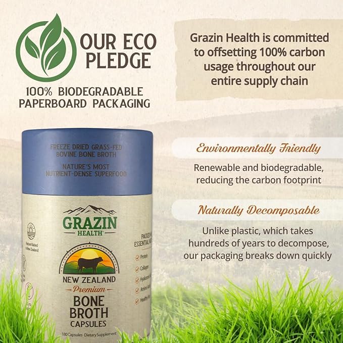 Freeze-Dried Grass-Fed Bovine Bone Broth Capsules – 3000mg Per Serving – Collagen Protein &amp Amino Acids – Pasture-Raised in New Zealand Manufactured in USA – 30 Servings