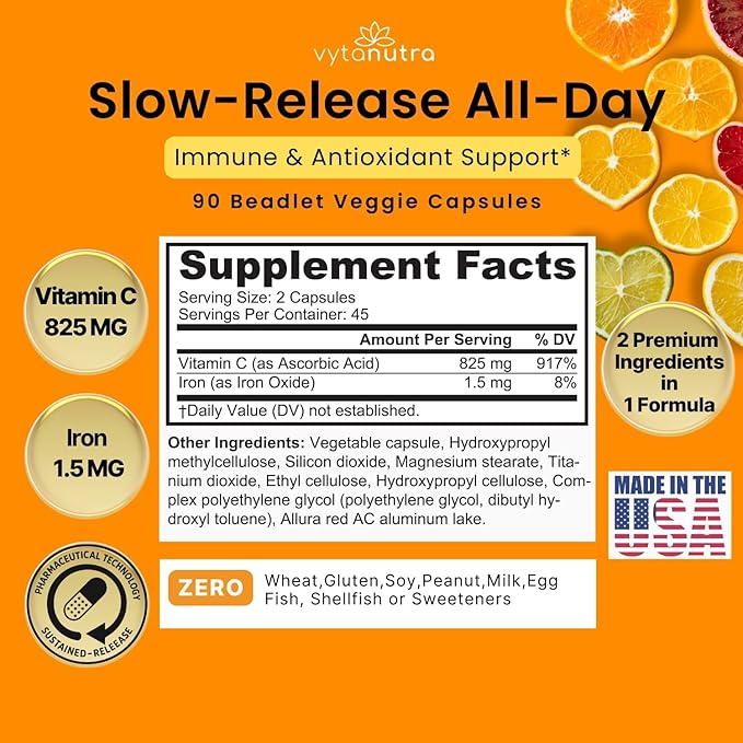 Immune Support Vitamin C – with Iron Non-GMO Vegan Gluten-Free Slow Release Beadlet Capsules 90 Count