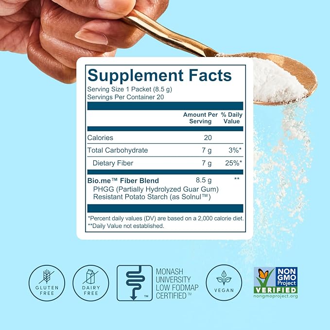 Bio.me Daily Prebiotic Fiber Powder Unflavored - 20 Travel Packs 7g Per Serving - Soluble &amp Insoluble Fiber Supplement for Women &amp Men - Digestive Health &amp Gut Health - GLP-1 Friendly Su