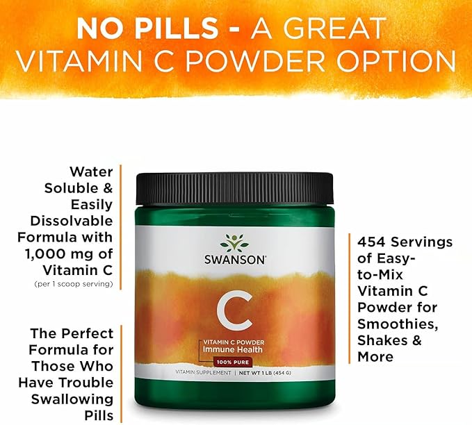 Swanson Vitamin C Powder 100% Pure Ascorbic Acid Immune System Support Skin Health Cardiovascular Health Antioxidant Supplement 1000 mg (per Serving) 1 lb. 454 g (3 Pack)