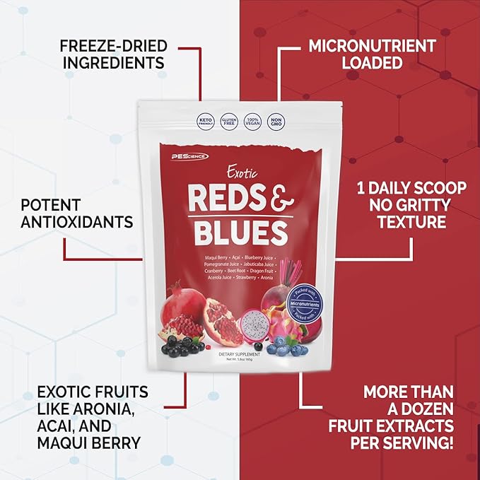 PEScience Exotic Reds &amp Blues Red Superfoods Powder with Myo-Inositol Beet Root Powder Pomegranate and Acai Extract Freeze-Dried Antioxidant Fruit Blend 30 Servings
