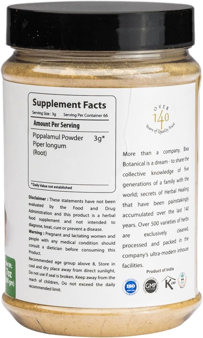 bixa BOTANICAL Pippali Mool Powder | Promotes Clear Breathing and Gut Health | Piper longum Root | 7 OZ / 200g | Ayurvedic Herbal Supplement | Gluten Free Non-GMO Steam Treated Vegan 100% Pure