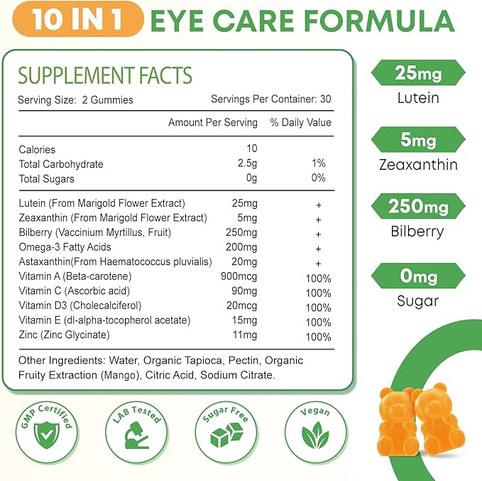 2 Pack Lutein Gummies 25mg Sugar Free Lutein Zeaxanthin Supplements Gummies Eye Health Supplement for Adults Eye Vitamins Lutein for Vision and Blue Light Protection Mango Flavor 120 Count