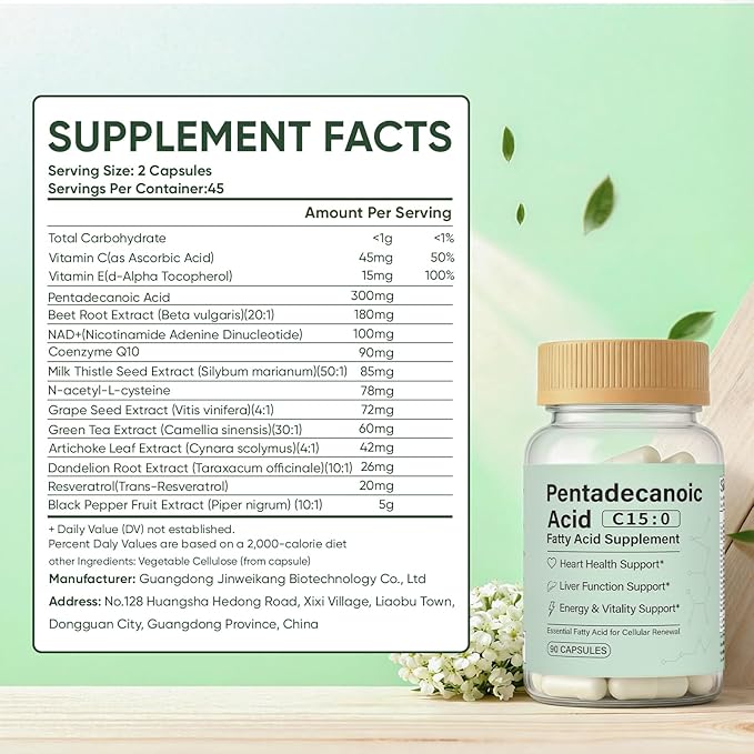 Pentadecanoic Acid C15:0 Fatty Acid Supplement - 3X Omega 3 Fish Oil Healthy Aging Supplement for Gut Health Liver Support 90 Vegan Capsules