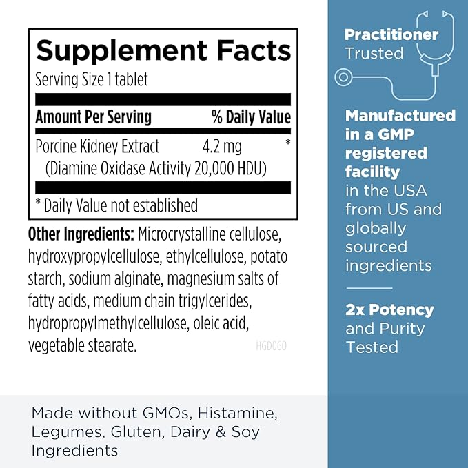 Designs for Health HistaGest-DAO - Diamine Oxidase DAO Enzyme to Support Digestion of Histamine-Containing Foods - 20000 HDU DAO Diamine Oxidase Enzymes (60 Gastro-Resistant Tablets)