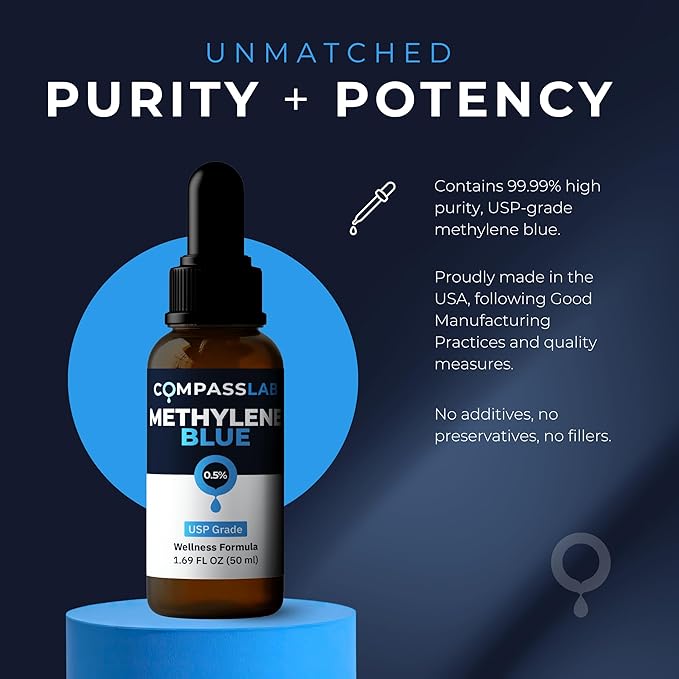 COMPASS LABORATORY Methylene Blue Pharmaceutical Grade USP Grade Third-Party Tested Dietary Supplement for Humans No Formaldehyde Made in USA (0.5% 50ml Bottle)
