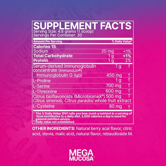 Microbiome Labs MegaMucosa Gut Health Powder - Digestive Supplement with Complete Mucosal Support for Healthy Gut &amp Immune Function - Dairy-Free Immunoglobulins &amp Amino Acids - Berry Acai (5.5
