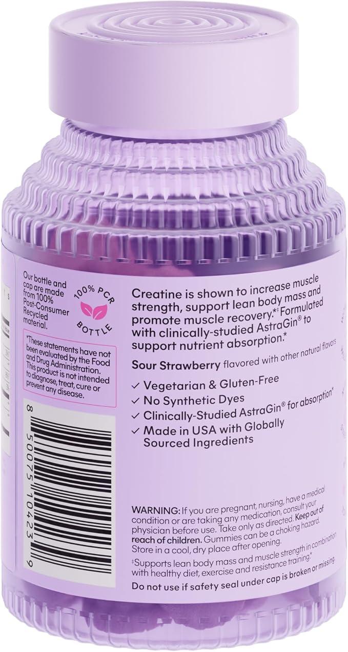 Lemme Creatine Monohydrate Gummies for Women and Men 5g Dose to Support Lean Muscle Strength Recovery Cognitive Health w/Ginseng for Absorption Sour Strawberry NSF Certified 60 Gummies