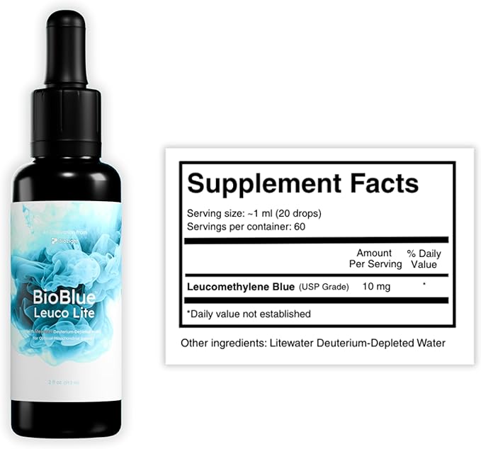 BIOLIGHT BioBlue Leuco Lite | Leucomethylene Blue Mixed in Litewater DDW | Supplement for Mitochondrial Support | Brain Health Increased Energy Focus | 2 fl oz 30-Day Supply | USP Grade