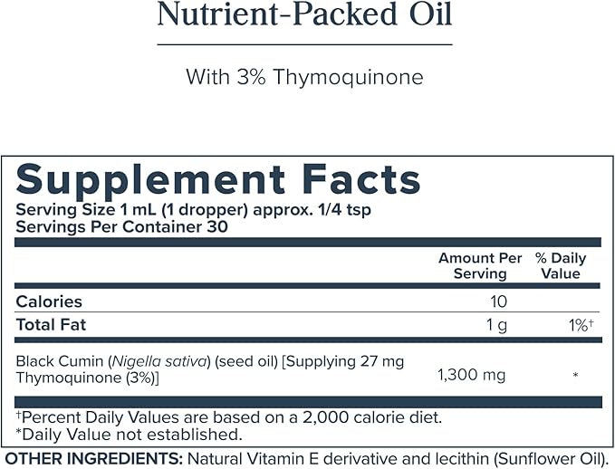 HERITAGE STORE Black Seed Oil w/ 3% Thymoquinone Omega 6 9 - Nigella Sativa Liquid Oil Cold Pressed from Black Seeds Joints Digestion and Immune Support Vegan 60-Day Guarantee 30 Serv 1 fl oz