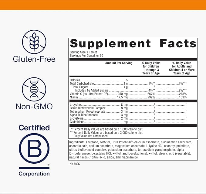 Metagenics Ultra Potent-C Chewable - 250 mg Buffered Vitamin C with Bioflavonoids L-Lysine &amp L-Cysteine - Immune &amp Antioxidant Support - Non-GMO Gluten-Free - Natural Orange Flavor - 90 Tabl