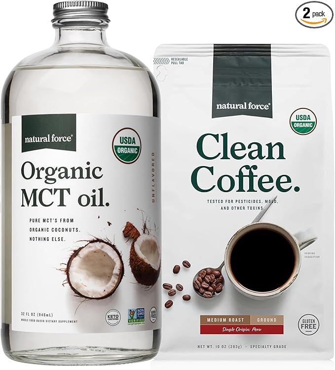 Natural Force Organic Ground Clean Coffee + Organic MCT Oil Bundle – 100% Pure Coconut MCTs &amp Mold &amp Mycotoxin Free Coffee – Non-GMO Keto Paleo and Vegan - 10 Oz Bag and 32 Oz Glass Bottle