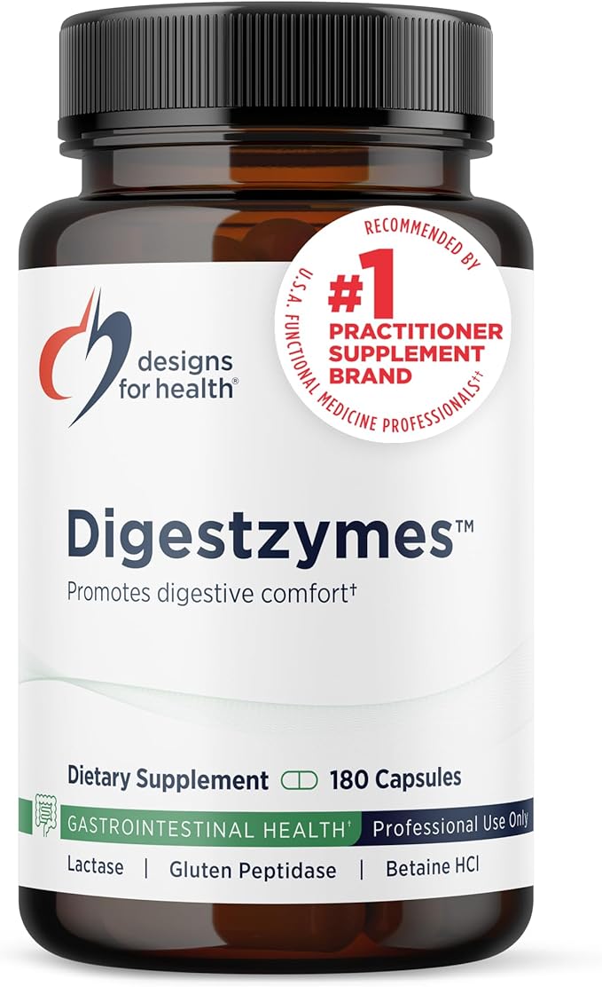 Designs for Health Digestzymes - Digestive Enzymes + Betaine Hydrochloride for Gas &amp Bloating Relief - Pepsin Ox Bile Lactase Enzyme &amp Lipase Enzymes for Digestion (180 Capsules)