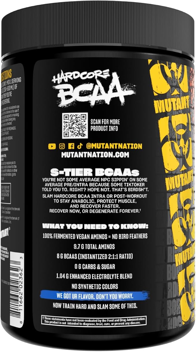 Mutant Hardcore BCAA - Pre Intra or Post Workout – BCAA Next Level branched-Chain Amino Acids Supplement – Hydration + Recovery - 30 Serving - Blue Raspberry