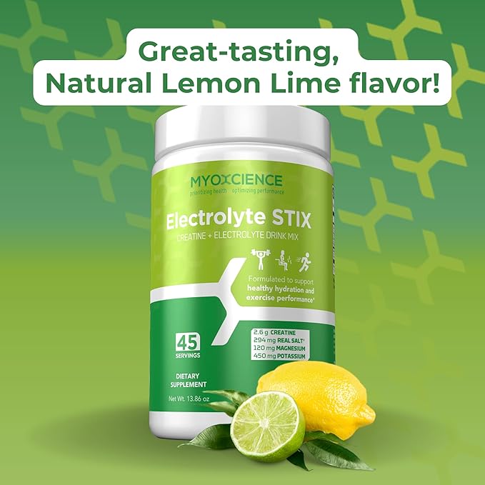 MYOXCIENCE Electrolyte STIX | Creatine Electrolyte Powder | Recovery from Exercise &amp Muscle Development w/Real Salt (Lemon Lime Flavor) (Jar 45 ct)