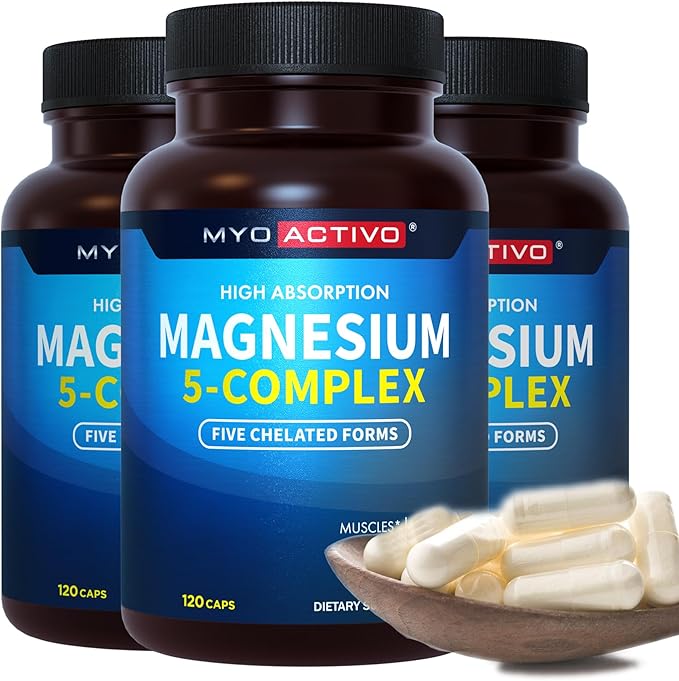 MyoActivo Magnesium 5 Complex - Chelated Magnesium Glycinate Malate Citrate Taurate &amp Aspartate for Nerves Muscles Bones - 3 Pack