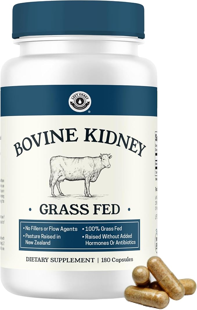 Left Coast Performance Grass Fed Beef Kidney Supplement –100% Grass Fed Freeze Dried Non-GMO New Zealand Pasture Raised Beef Organ Supplement - DAO Enzyme and Histamine Support– 180 Capsules