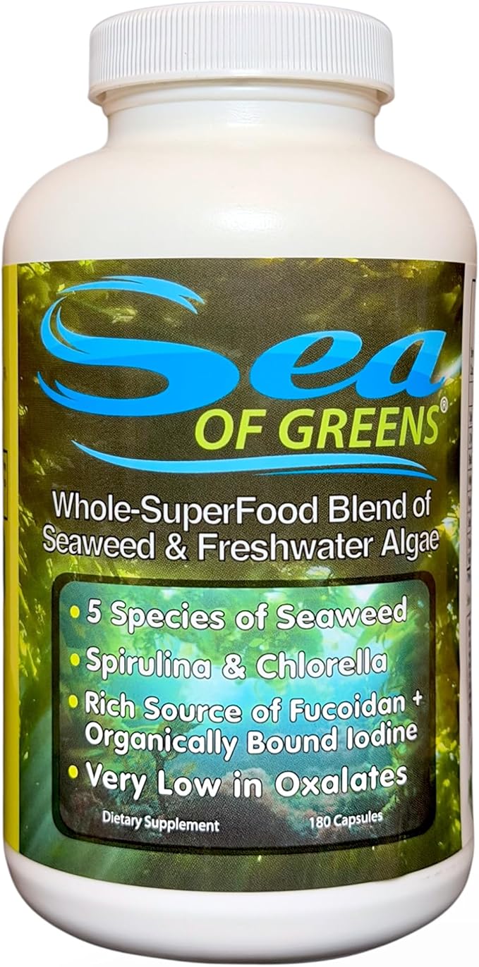 Sea of Greens – Organic Seaweed &amp Algae Superfood Blend – Spirulina Chlorella Bladderwrack Wakame – Natural Iodine &amp Fucoidan – Oxalate-Free – 180 Vegetable Capsules