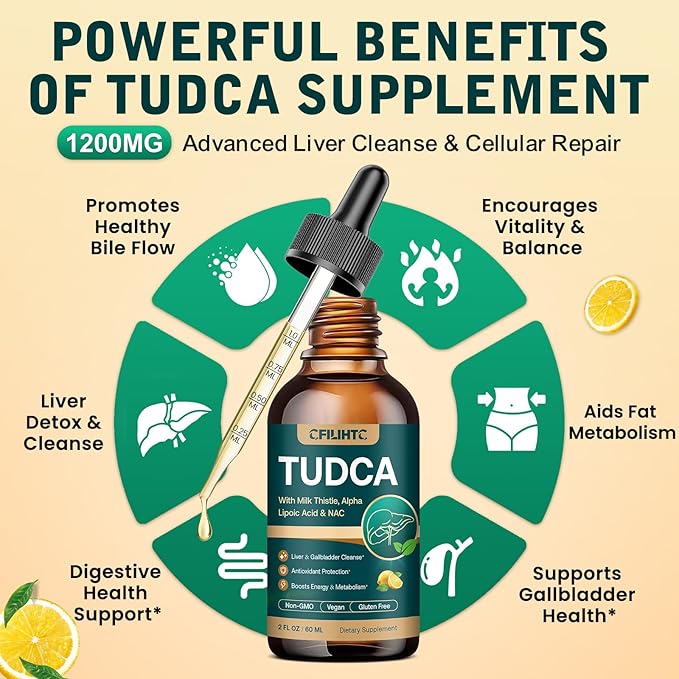TUDCA Bile Salts 1200mg Liquid Drops - Advanced Tudca Liver Supplement with ALA NAC &amp Glutathione for Bile Flow Gallbladder Health &amp Antioxidant Defense High-Absorption Lemon 2 fl oz 2 Pac