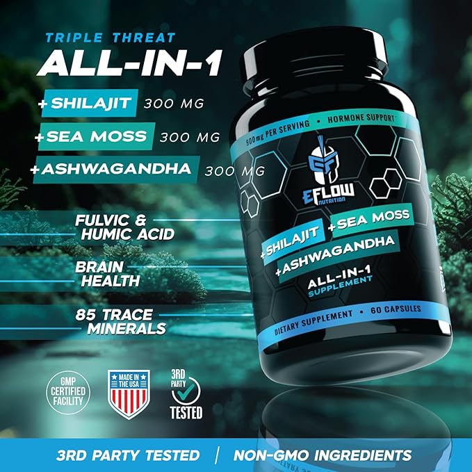 eFlow Nutrition Shilajit Capsules Ashwagandha Sea Moss [All-in-1] Trace Minerals Fulvic Acid Lab Tested Pure Himalayan Shilajit for Men &amp Women | Energy Vitality &amp Hormonal Support (60 Ca