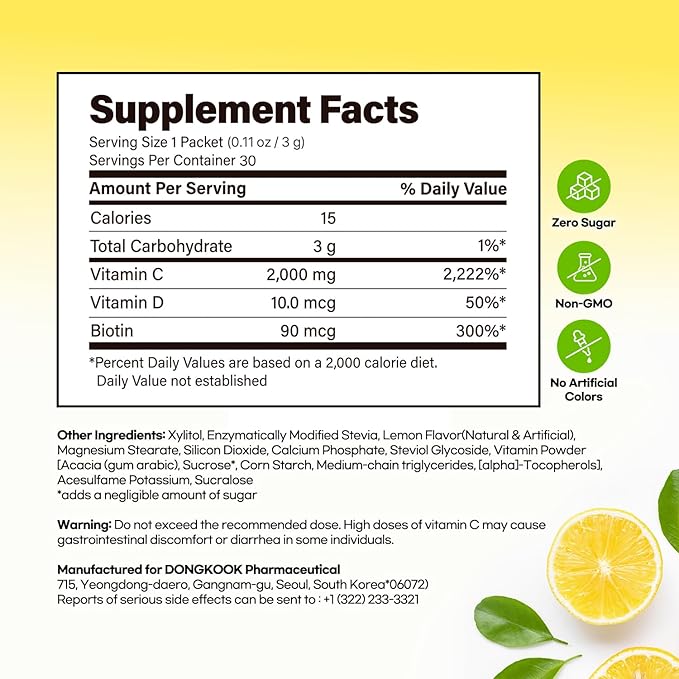 DONGKOOK Vita Pop Korean 2000mg Vitamin C Powder Vitamin D &amp Biotin Stick Zero Sugar Lemonade Drink Mix Vitamin C for Advanced Immune Support &amp Antioxidants Supplements Non-GMO 100 Packet