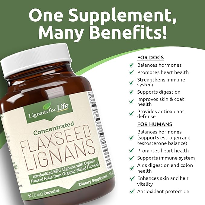 Lignans for Life Flaxseed Lignans for Dogs &amp People + SDG - Omega 3 Fatty Acids High Fiber Antioxidants - Improve Shiny Coat Digestive &amp Heart Health for Dogs 35mg 90 Flaxseed Capsules 1