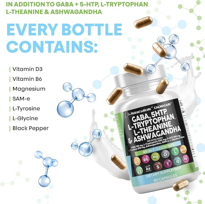 Clean Nutraceuticals GABA 750mg 5 HTP 200mg L Tryptophan 500mg L Theanine 200mg Ashwagandha SAM-e L-Glycine - Mood Support Vitamins for Women and Men with L-Tyrosine (90 Count (Pack of 2))