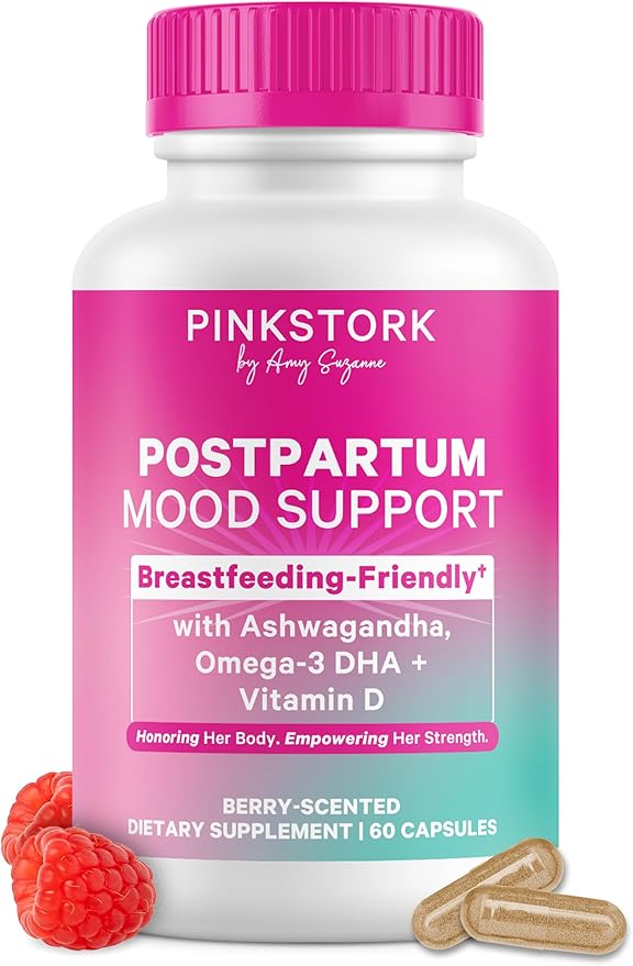 Pink Stork Postpartum Mood Support - Postnatal Hormone Balance for Women - Breastfeeding Friendly New Mom Essentials - Ashwagandha Chamomile &amp Vitamin D - Stress &amp Mood 60 Capsules