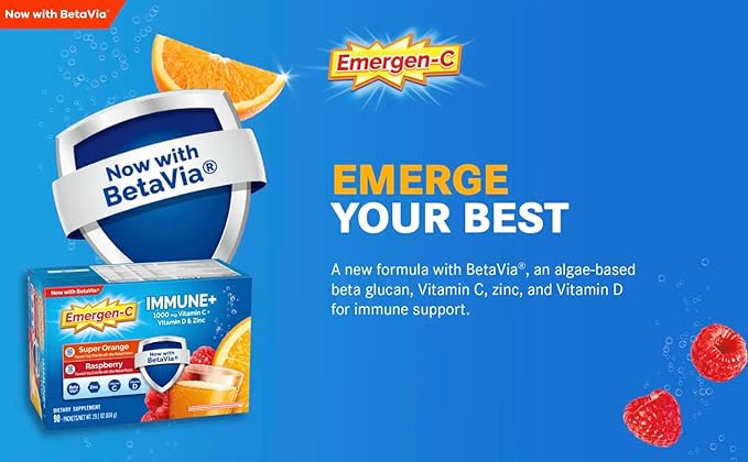 Emergen-C Immune+ 1000 mg Vitamin C + Vitamin D &amp Zinc (Super Orange 60 Ct/Raspberry 30Ct) 90 Packets