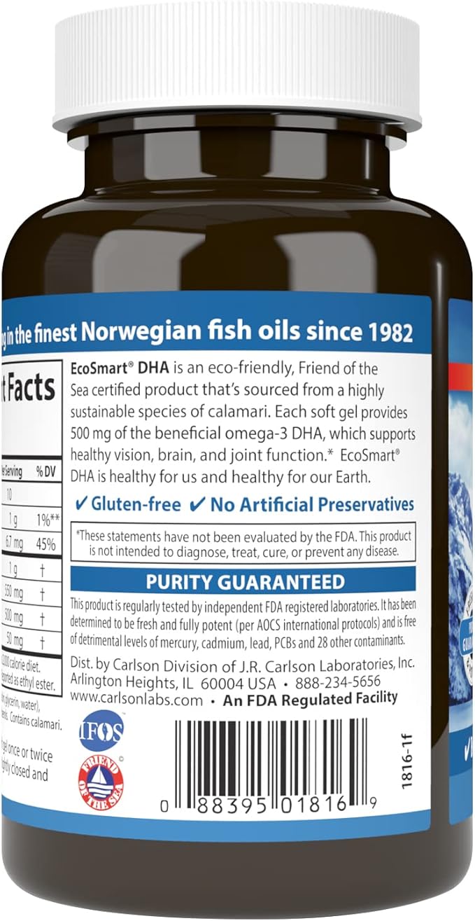 Carlson - EcoSmart DHA 500 Sustainable Source Supports Healthy Vision &amp Brain Function Lemon 60 soft gels