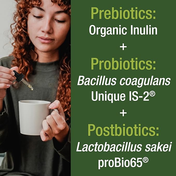 Organic Synbiotic = Prebiotics + Probiotics + Postbiotics 3-in-1 Supplement for Women Men &amp Kids. Pre Pro &amp Post Biotics Liquid Drops for Gut + Microbiome Balance. Made in USA Vegan Zero