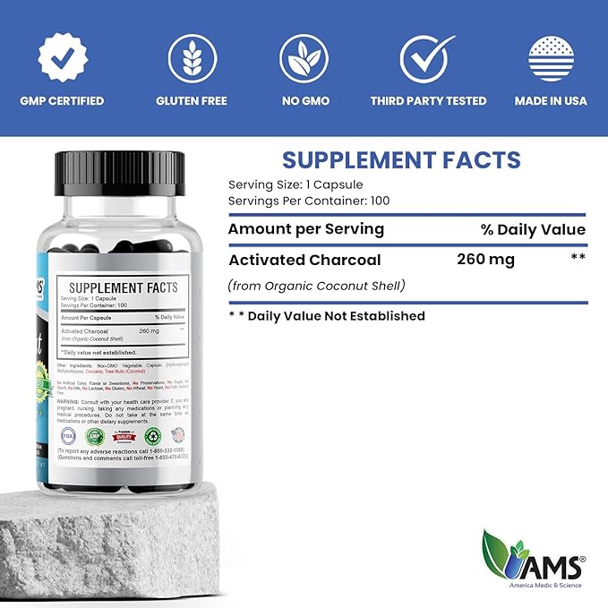 America Medic &amp Science Charconut 260mg (200 Capsules) | Activated Charcoal Supplement for Men &amp Women | Made with Coconut Husk | Promotes Better Stomach and Digestive Health | Gas &amp Bloat