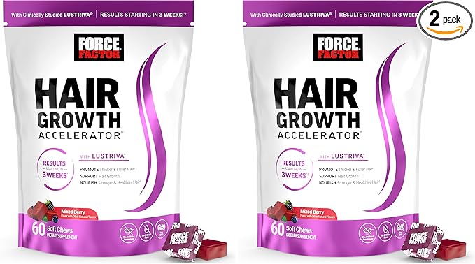 Force Factor Hair Growth Accelerator Soft Chews Vitamins for Women and Men with Clinically Studied Lustriva and Biotin Promotes Thicker Fuller Stronger Hair Mixed Berry 60 Soft Chews (Pack of 2)