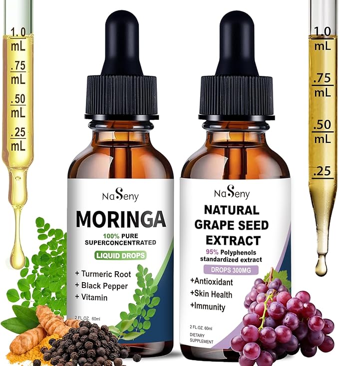 Natural Grape Seed Extract Drops-300 mg Grape Seed Extract Liquid Supplement Organic Moringa Oleifera Liquid Drops 1000mg Moringa Leaf Supplement