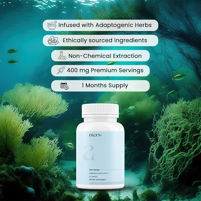 Mars Sea Moss Caps Surge Natural (60N) | Packed with 84 Essential Minerals | Powered with Black Seed Oil Surgemax &amp Vitamin D3 | Overall Well-Being - Pack of 1