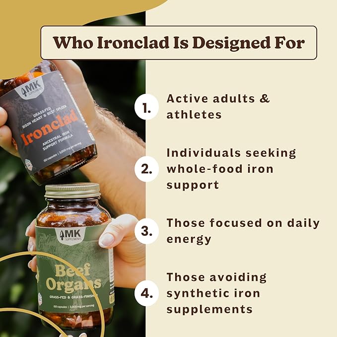 MK Supplements IRONCLAD | Beef Spleen &amp Bison Heart Capsules | ~58% DV Heme Iron + CoQ10 | No GI Distress | Freeze-Dried | 150 Capsules