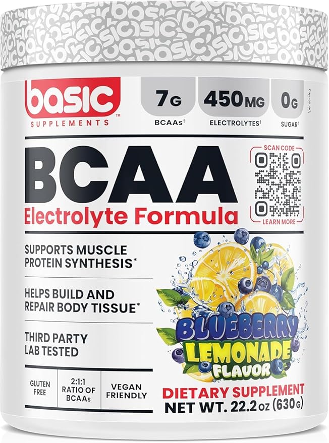 BASIC SUPPLEMENTS BCAA Powder Instantized Formula with 7g BCAAs 2:1:1 Ratio 450mg of Electrolytes Sugar-Free Vegan Gluten-Free Supports Muscle Recovery