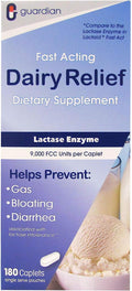 guardian Dairy Relief Fast Acting Lactase 180 Caplets 9000 FCC Maximum Strength Lactose Intolerance Pills Lactase Enzyme (180 CT)