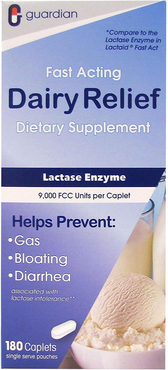 guardian Dairy Relief Fast Acting Lactase 180 Caplets 9000 FCC Maximum Strength Lactose Intolerance Pills Lactase Enzyme (180 CT)