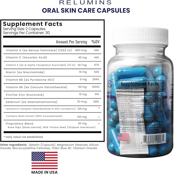 Relumins Oral Acne Pills for Clear Skin Natural Acne Supplement with Lactoferrin Zinc Turmeric Extract &amp Vitamins Balances Oily Skin &amp Smooths Texture Ultimate Wellness Gift for Moms 60