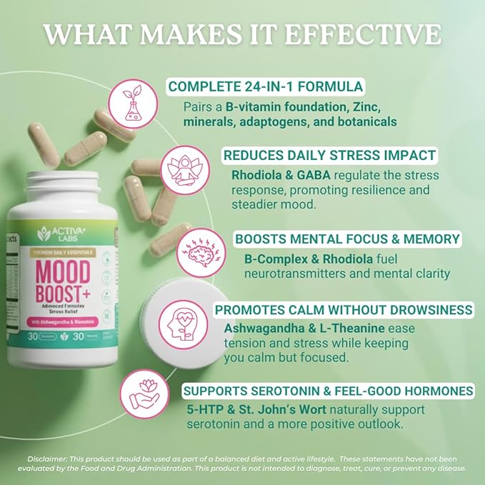 Mood Boost | 24-in-1 B-Complex &amp Zinc | Calm Support &amp Stress Relief Supplement with Ashwagandha L-Theanine &amp GABA | Natural Mood Energy &amp Resilience | Non-GMO Vegan | 60 Day Supply