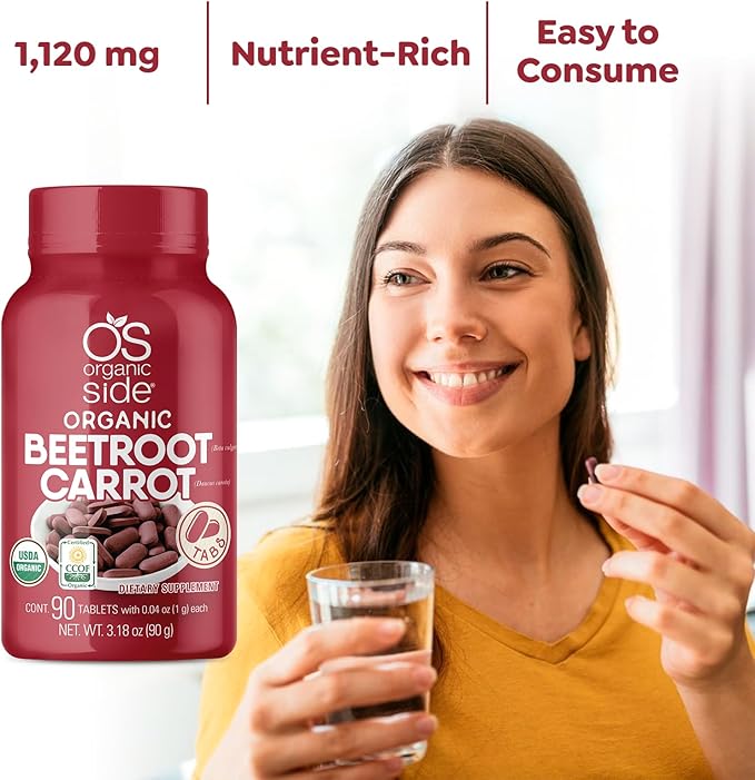 OS Organic Side | Beetroot &amp Carrot Tablets | 100% Pure Organic | 90 Count | 1120 mg | USDA Certified | Non-GMO Plant-Based for Heart Health &amp Energy Boost