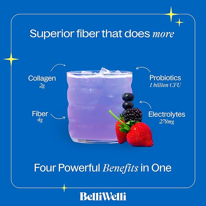 Belli Welli Daily Fiber Supplement Bundle with Collagen Probiotics &amp Electrolytes – Strawberry Lemonade &amp Wild Berry Flavors – Supports Digestion Gut Balance &amp Debloating – 32 Servings