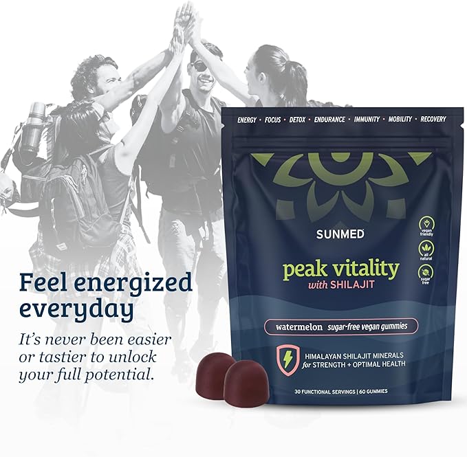 Peak Vitality Himalayan Shilajit Gummies for Strength Energy &amp Optimal Health – Sugar-Free Vegan All-Natural – Cognitive Focus Recovery Immunity – Watermelon Flavor 60ct