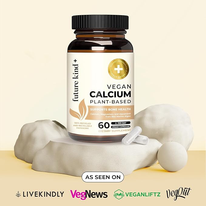 Future Kind Vegan Calcium Supplement - Plant-Based Calcium Magnesium Supplement Sourced from Iceland for Teeth &amp Bone Support (60 Capsules)